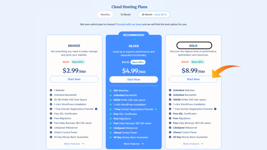 purchasing cloud gold plan on verpex hosting