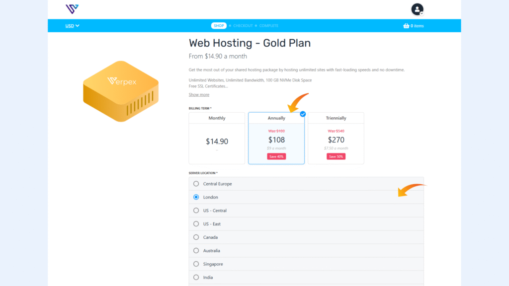 cart of gold plan at verpex hosting