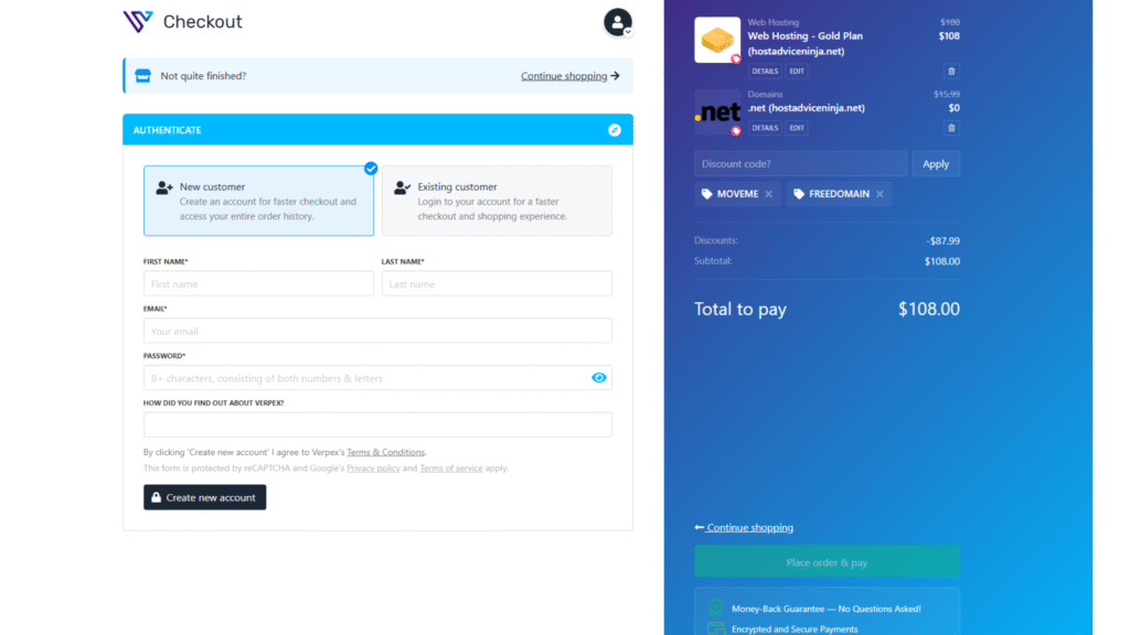checkout of verpex hosting