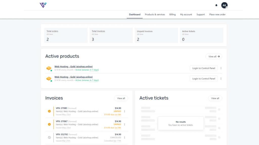 dashboard of verpex hosting client area